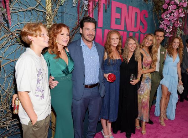 Wyatt Johnson, Robyn Lively, Bart Johnson, Kate Johnson, Elaine Lively, Blake Lively, Ryan Reynolds, and Lori Lively attend the "It Ends With Us" New York Premiere at AMC Lincoln Square Theater on August 06, 2024 in New York City.
